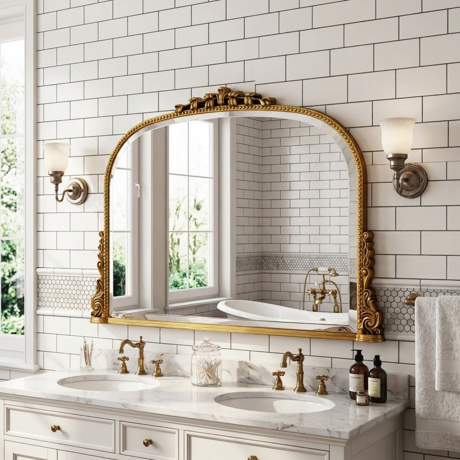 Lumora 36"x27" Vintage Bathroom Mirror Wall Mounted Arched Antique Mirror, Gold