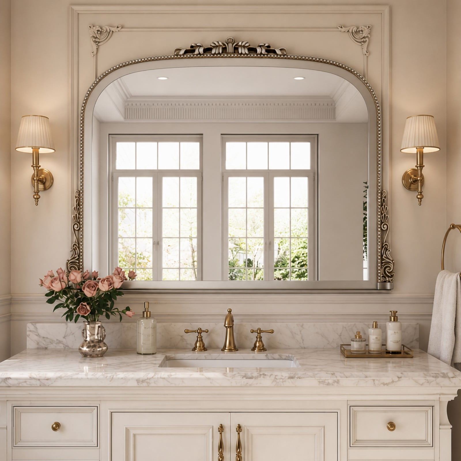 Lumora 36"x27" Vintage Bathroom Mirror Wall Mounted Arched Antique Mirror, Silver