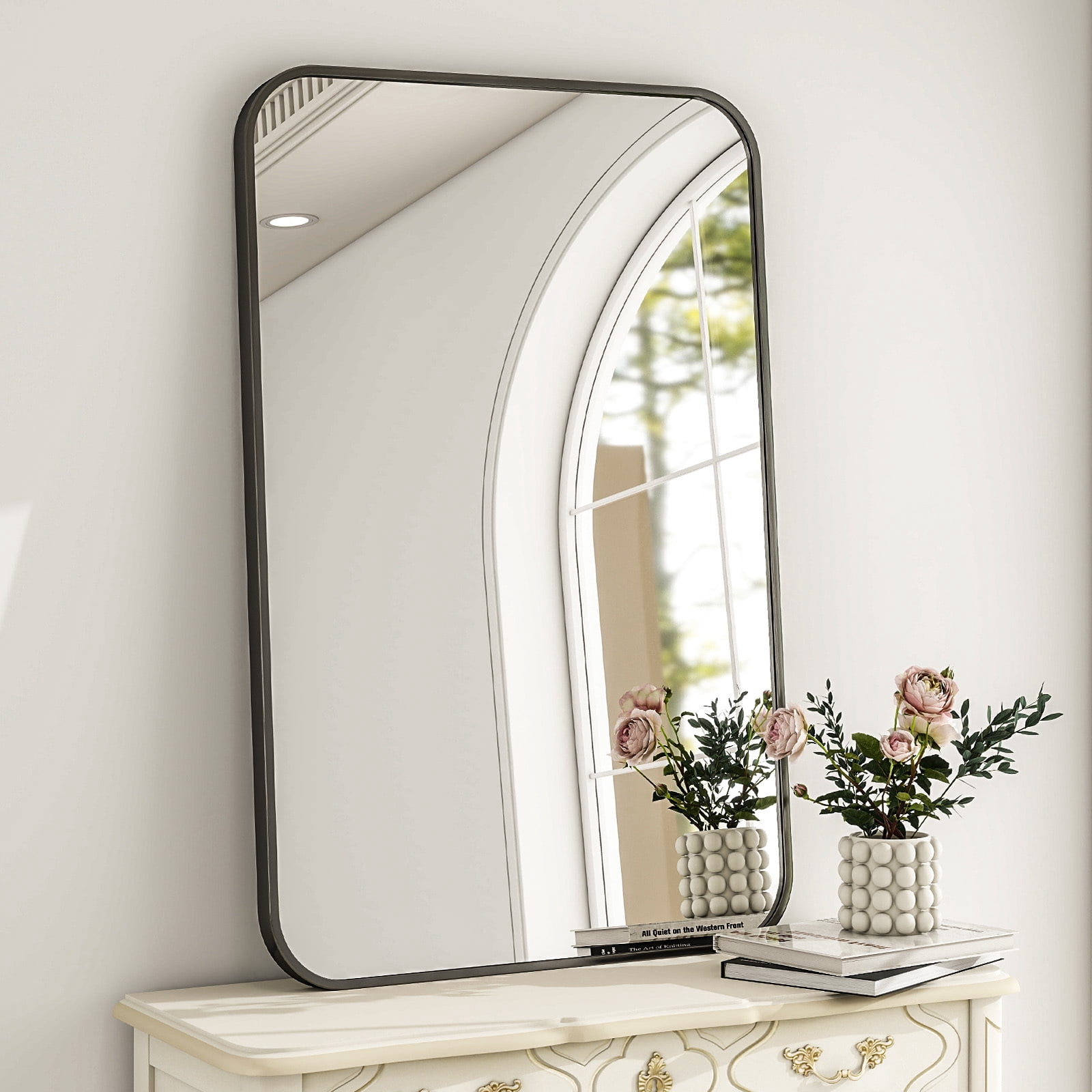 Lumora 38"x26" Rectangular Bathroom Mirror with Round Edge Wall Mounted Wall Mirror, Black