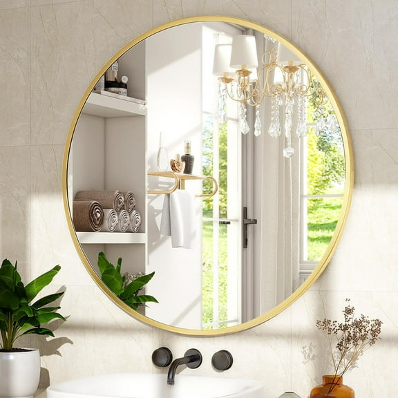 Lumora 42.2"x42.2" Round Bathroom Mirror Wall Mirror, Metal Frame Circle Mirror Gold