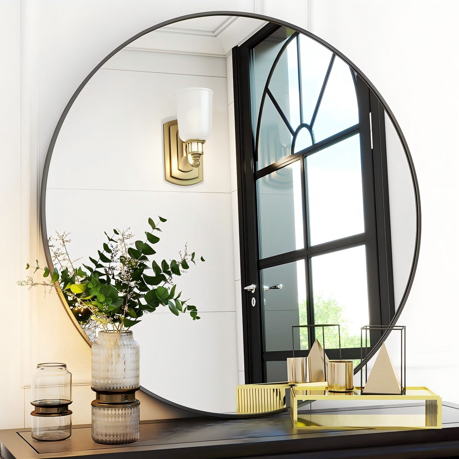 Lumora 42" Round Bathroom Mirror Wall Mirror Metal Frame Circle Mirror, Black