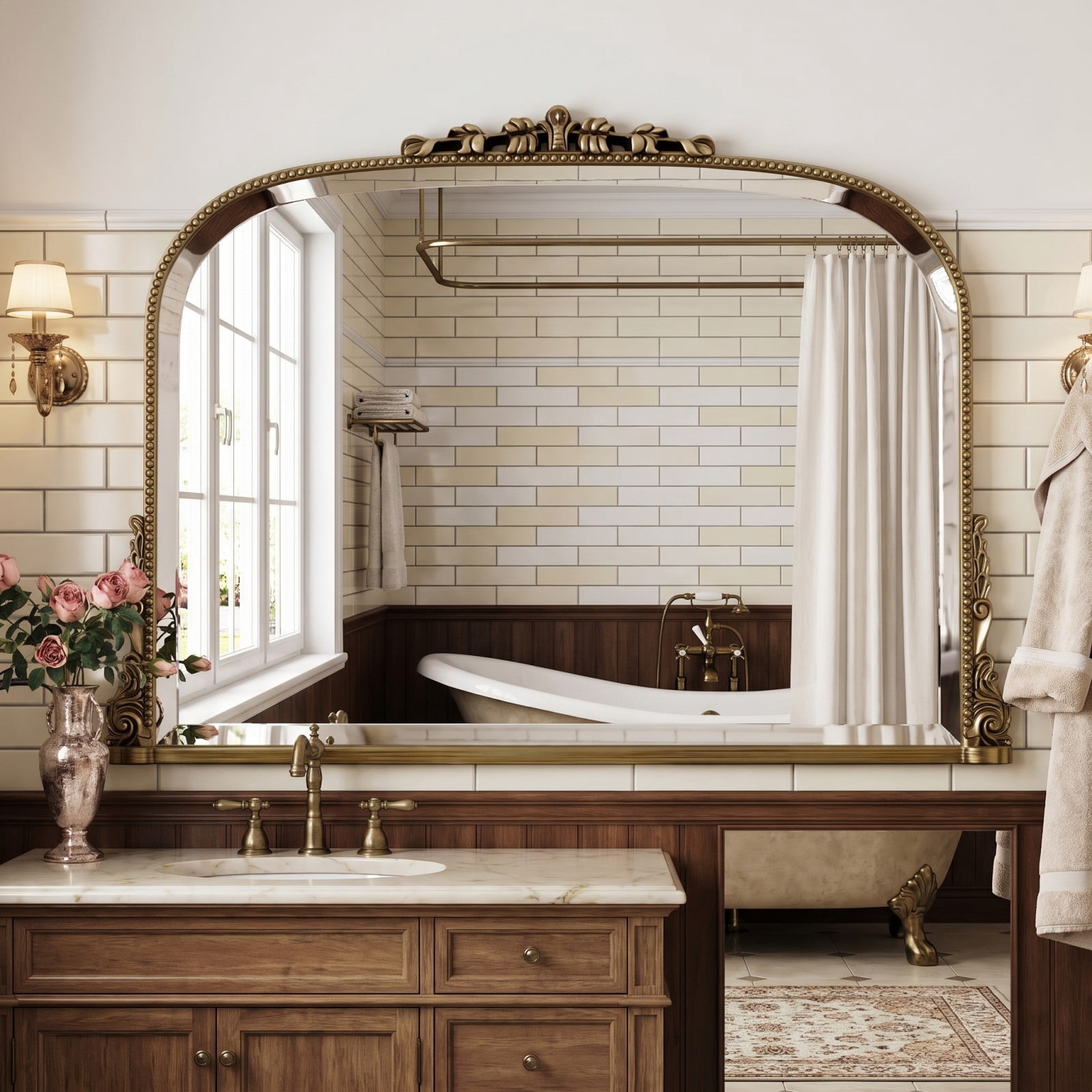 Lumora 44"x32" Vintage Bathroom Mirror Wall Mounted Arched Antique Mirror, Antique Bronze