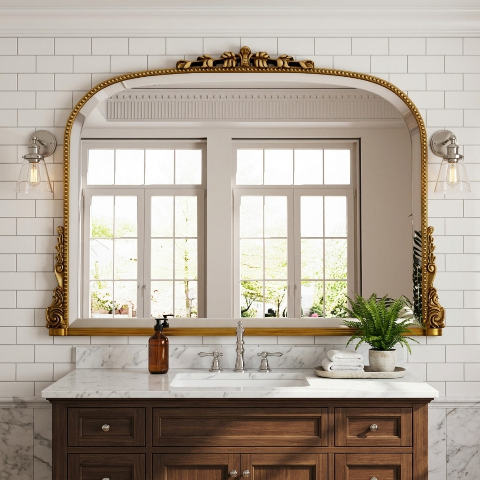 Lumora 44"x32" Vintage Bathroom Mirror Wall Mounted Arched Antique Mirror, Gold
