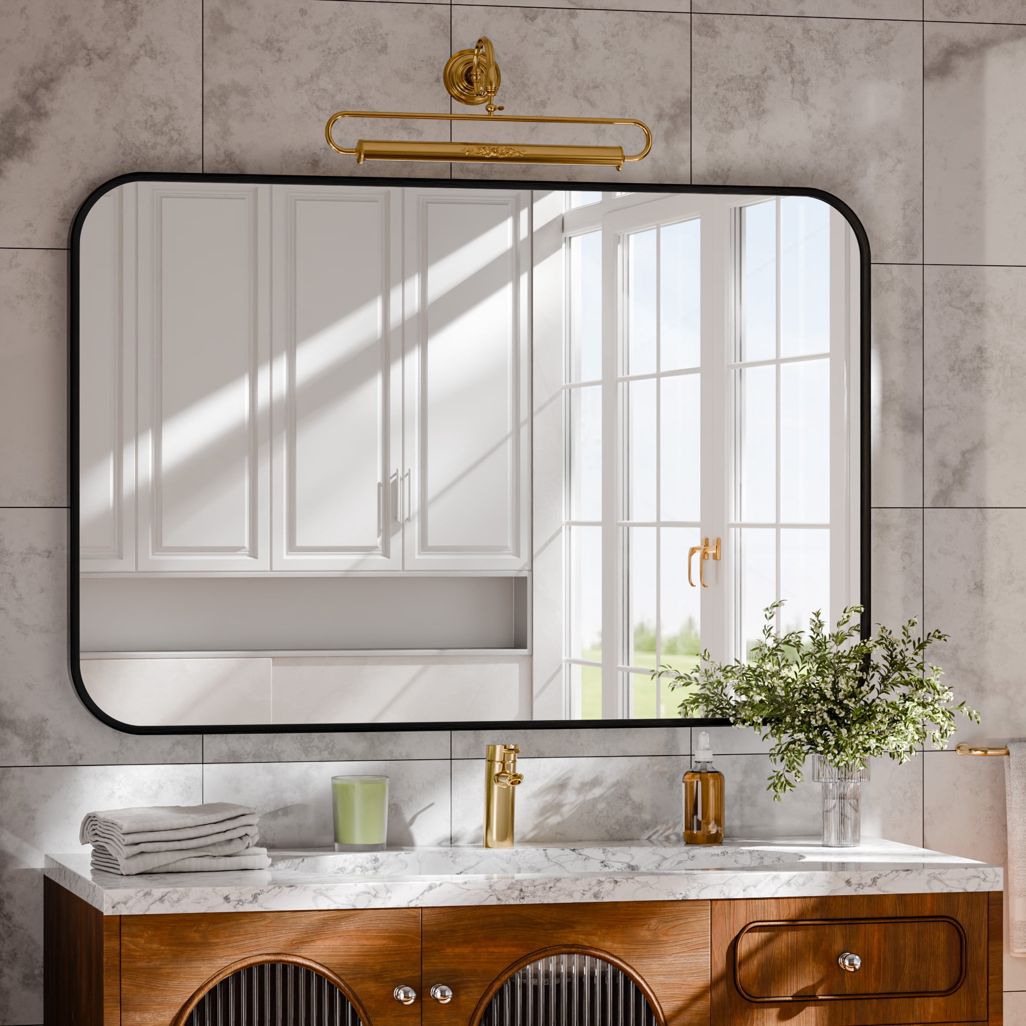 Lumora 48"x30" Rectangular Bathroom Mirror with Round Edge Wall Mounted Wall Mirror, Black