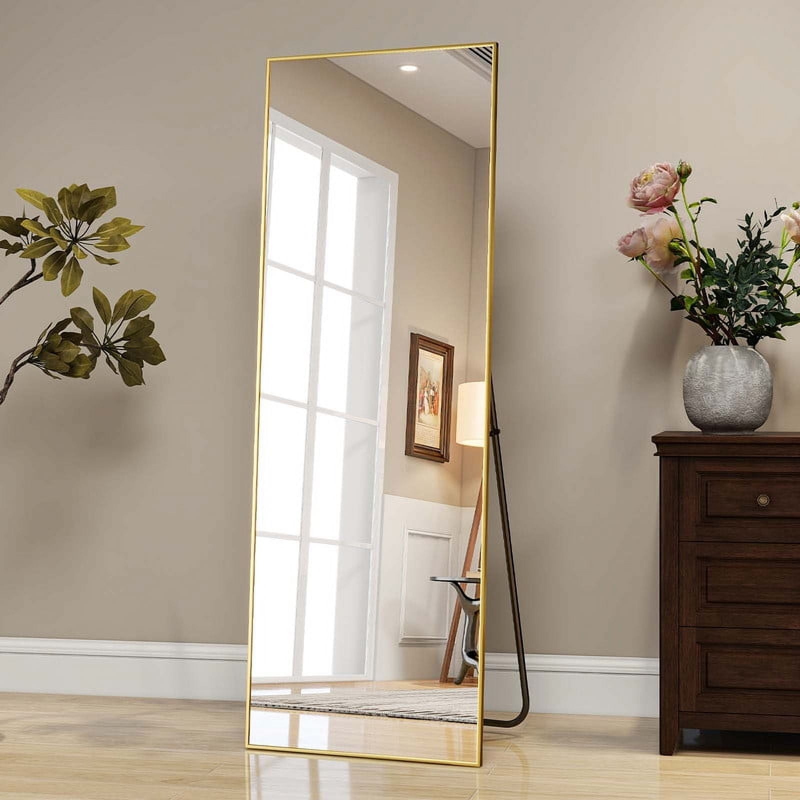 Lumora 58.3"x 18" Rectangular Full Length Mirror With Stand Wall Mounted or Leaning Floor Mirror, Gold