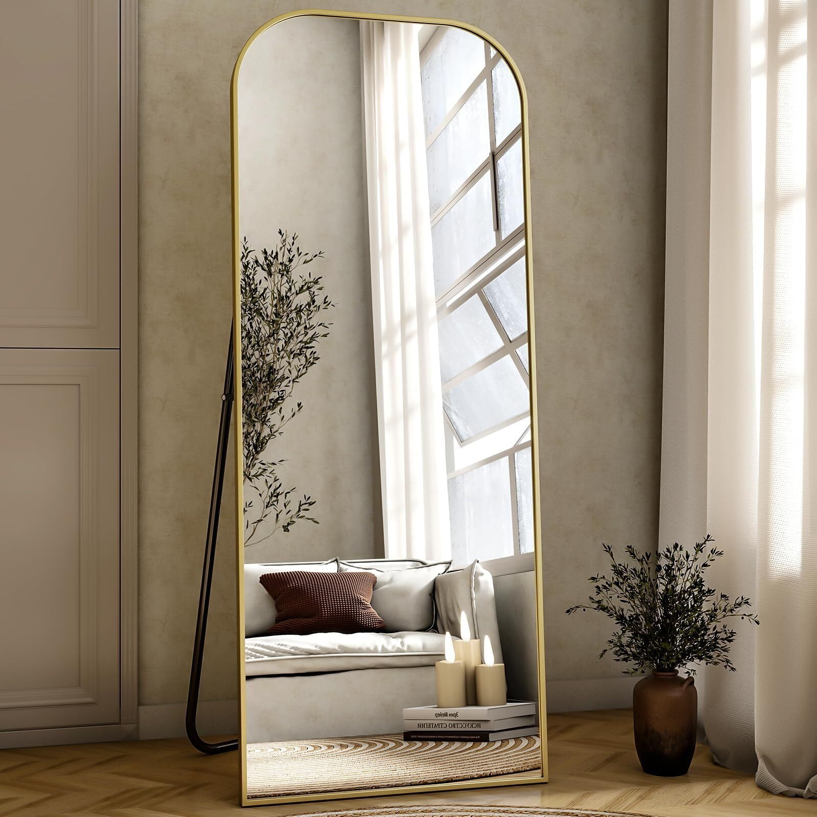 Lumora 64"x21" Rounded-top Full Length Mirror Free-standing Floor Mirror, Gold