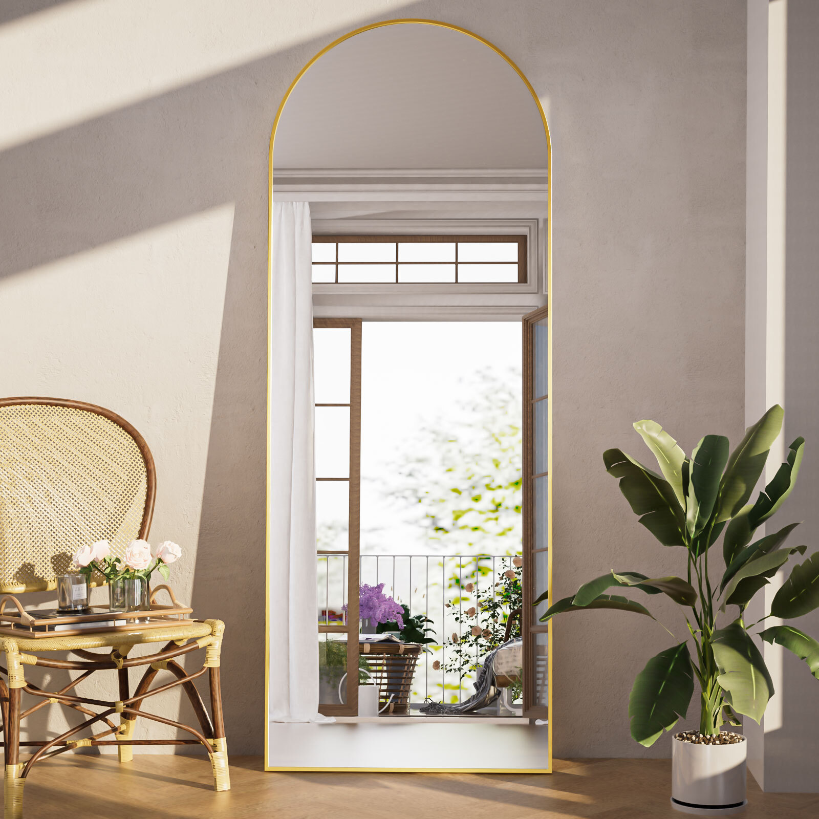 Gleamira 65.1"x24" Arched Full Length Mirror Aluminum Alloy Frame Floor Mirror, Gold