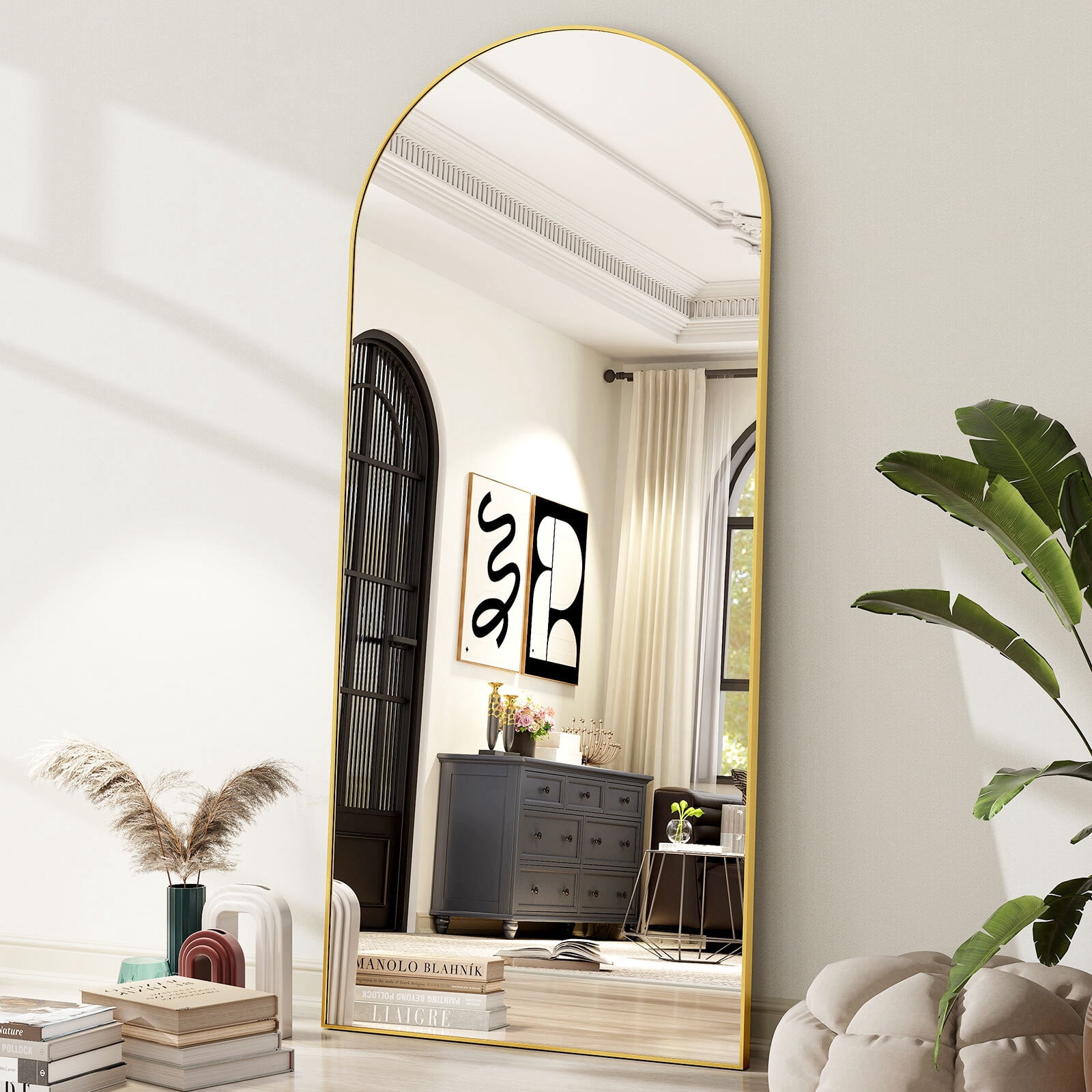 GRAHMCY 71" x 30.2" Arched Large Full Length Mirror Wall Mounted Floor Mirror with Stand, Gold