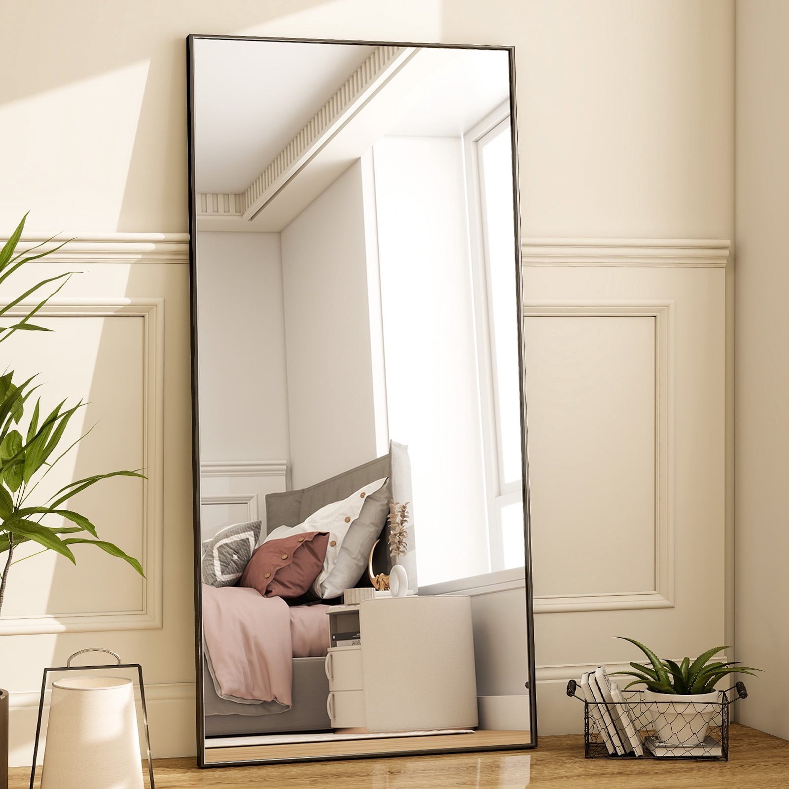 Lumora 76.3"x 34" Full Length Mirror Large Rectangle Floor Mirror Wall-Mounted Leaning Mirror, Black