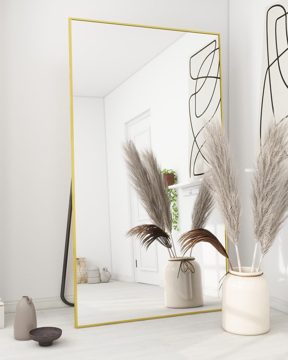Lumora 76"x 34.1" Rectangular Full Length Mirror Floor Body Mirror with Stand, Gold