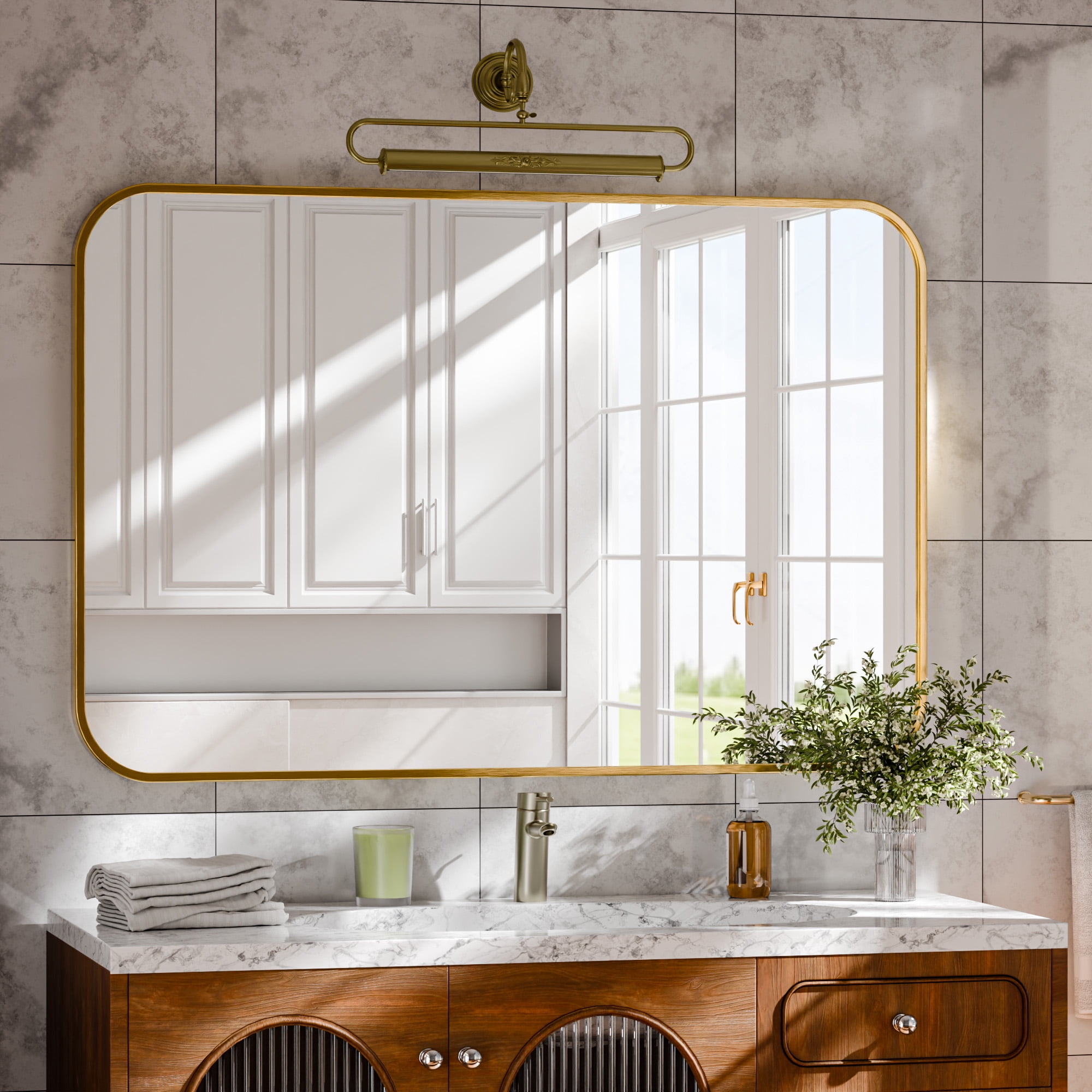 Lumora Bathroom Mirror, 38"x 26.2" Inch Metal Framed Rectangle Mirror, Wall Mounted Vanity Mirror Gold