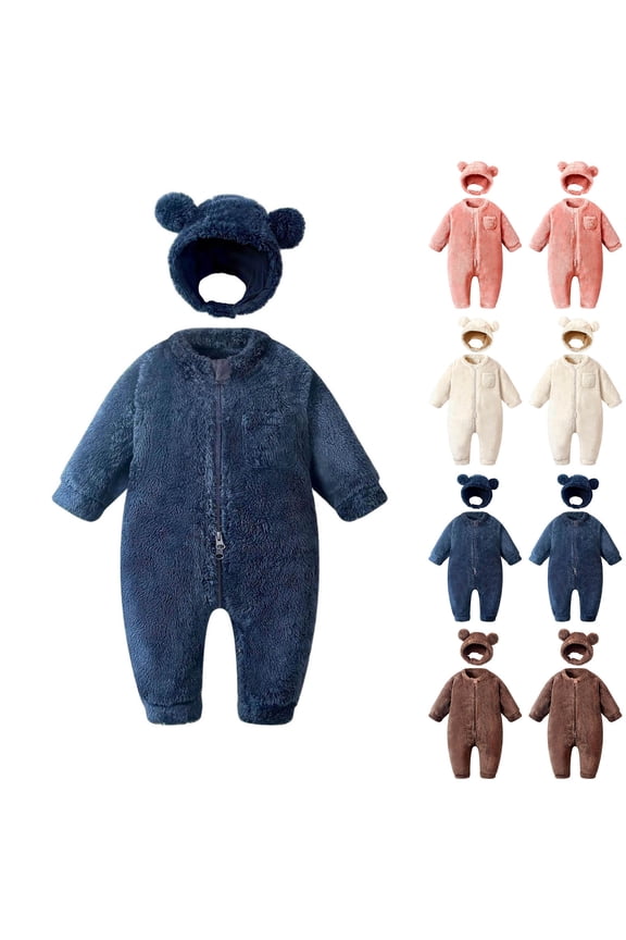Baby Fleece Jumpsuits Soft Comfort Long Sleeve Hooded Winter Warm Hooded Onesie Blue 3M