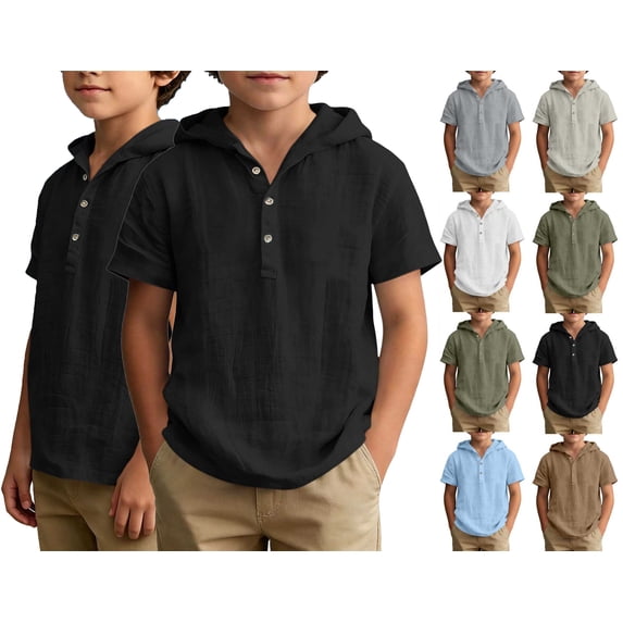 Lumosvexa Boys Hooded Linen Shirt Lightweight Short Sleeve Breathable Summer Vacation Button Up Shirt Army Green 5