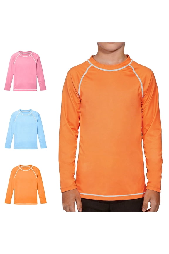 Boys Long Sleeve Rashguard Crew Neck Quick Dry Lightweight Summer Beach Surf Rash Guard Orange 7-8