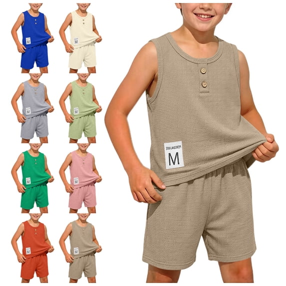 Lumosvexa Boys Outfits Sleeveless Crew Neck Tank Tops and Baggy Shorts Summer Casual Comfort Sets 2 Piece Blue Size 7