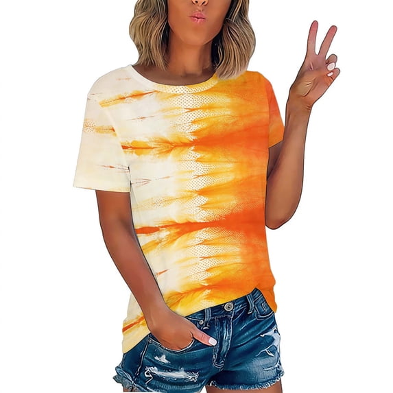 Lumosvexa Casual Short Shirt Sleeved Womens Graphic T-Shirt Top Crew Neck Tie Dyeing T Shirt Orange Size M