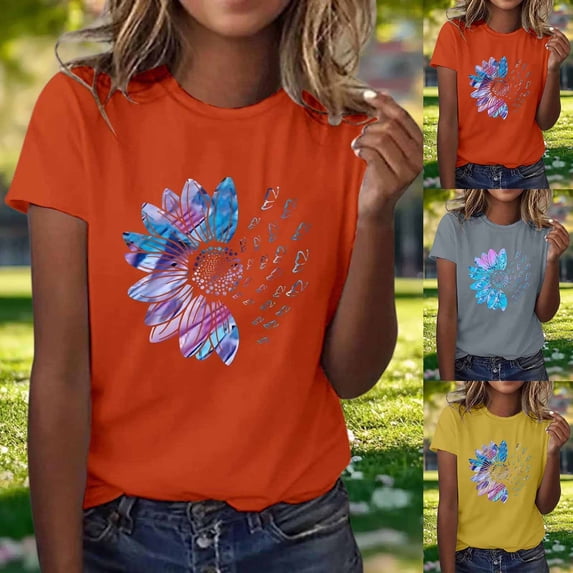 Lumosvexa Casual Short Shirt Sleeved Womens Graphic T-Shirt Top Fashionable Relaxed Crew Neck T Shirt Orange Size XL