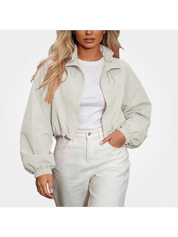 Cropped Jacket for Women's, Loose Fit Long Sleeve Zipper Lightweight Fall Casual Windbreaker Jacket White 2XL