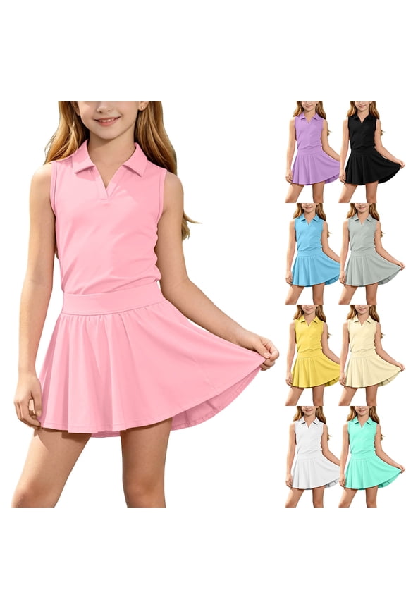 Girls Athletic Outfit Sets V Neck Sleeveless Tank Tops and Skirts Quick Dry Kids Summer Tennis Activewear 2 Piece Pink Size 7-8