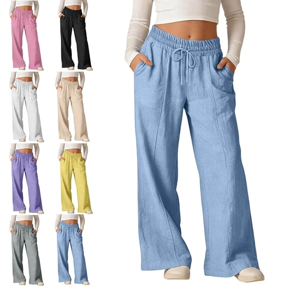 Lumosvexa Girls Cotton Linen Pants, with Pockets Adjustable Drawstring Wide Leg Summer Comfort Pants Gray 7