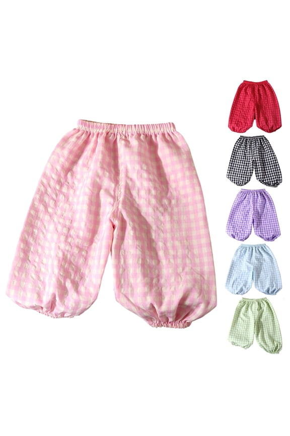 Girls Long Pants, Elastic Waist Breathable Plaid Print Summer Home Comfort Pants Red 3M