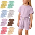 thumbnail image 1 of Lumosvexa Girls Outfit Sets 2 Piece, Short Sleeve Tee and Elastic Waist Shorts Summer Soft Cotton Clothes Coffee 12M, 1 of 8