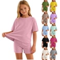 thumbnail image 1 of Lumosvexa Girls Outfits Sets, Short Sleeve Tee and Skinny Fit Shorts Summer Home Lounge Clothes 2 Piece Pink 10-12, 1 of 9