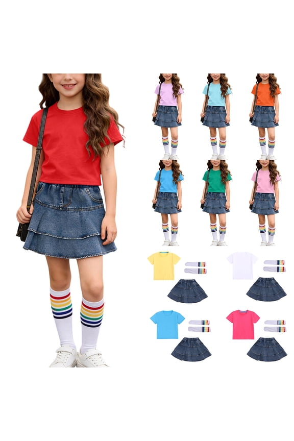 Girls Skirt Sets 2 Piece, Short Sleeve T-Shirt and Tiered Denim Skirts with Knee High Socks Cotton Summer School Outfits Hot Pink 5
