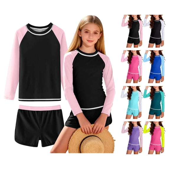 Lumosvexa Girls Swimsuit 2 Piece Quick Dry Long Sleeve Rash Guard and Legging Short Summer Beach Swimming Outfit Sets Blue 14-16