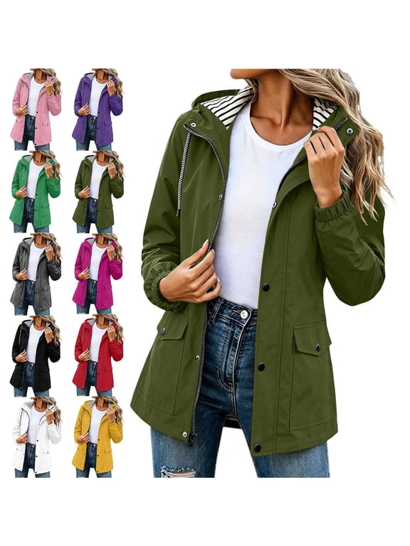 Outdoor Hiking Jackets Womens Lightweight Windbreaker Jacket Pocket Solid Color Hood Raincoat Yellow Size S