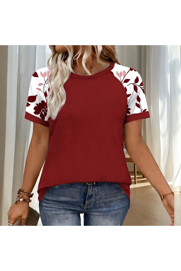 Women Casual Short Shirt Sleeved Tops Womens Plain T-Shirt Fashionable T Shirt Red Size L
