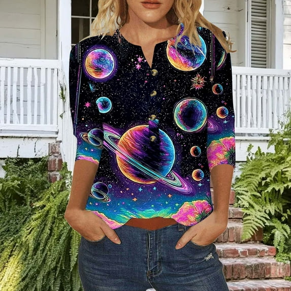 Lumosvexa Women Graphic Short Shirt Sleeved Tops Womens Casual T-Shirt Button Relaxed T Shirt Purple Size S