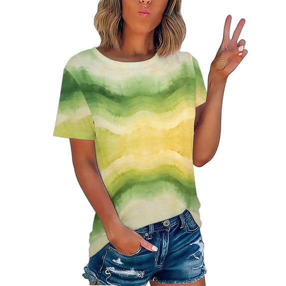 Lumosvexa Women Graphic Short Shirt Sleeved Tops Womens Casual T-Shirt Crew Neck Tie Dyeing T Shirt Green Size XL