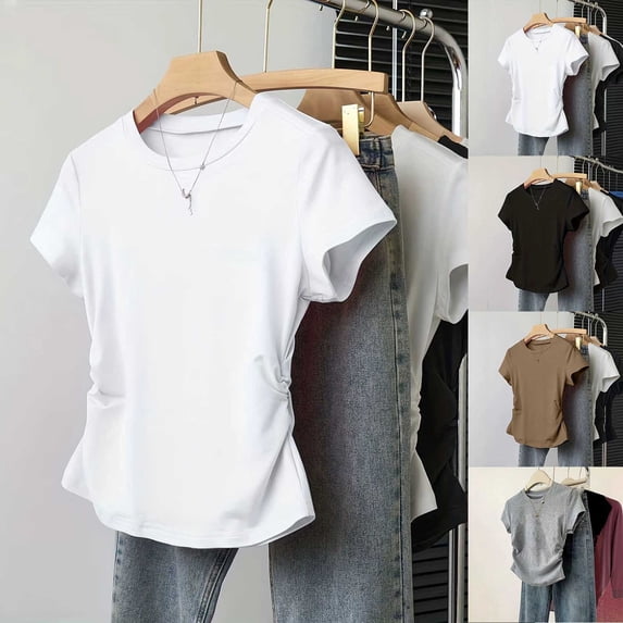 Lumosvexa Women Short Shirt Tops Womens Casual Plain T-Shirt Tight Crew Neck T Shirt Gray Size S