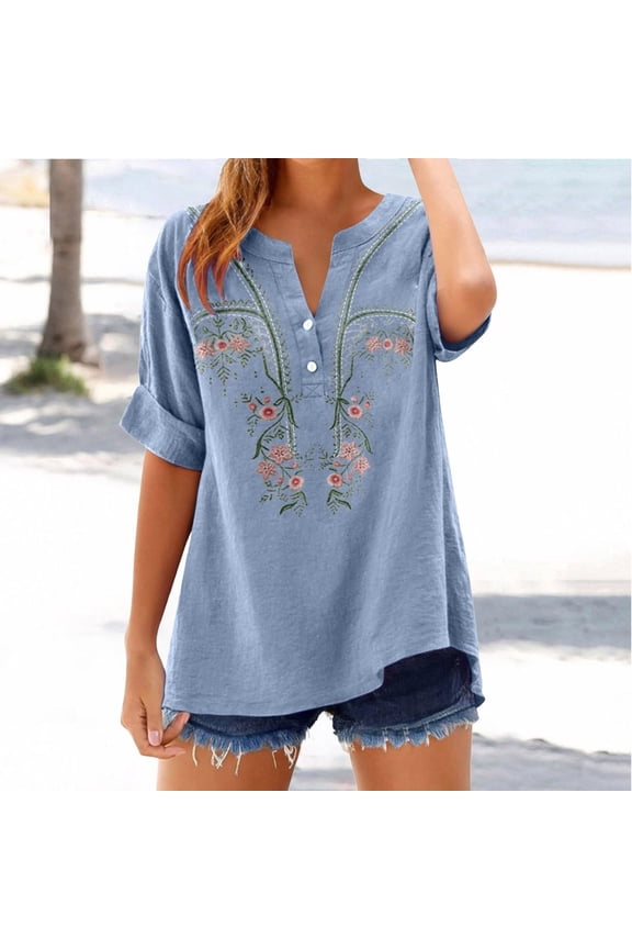 Women Short Shirt Tops Womens Linen Plain T-Shirt V-neck Cotton T Shirt Light Blue Size 2XL