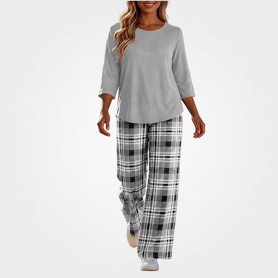 Lumosvexa Women's 2 Piece Outfit Set 3/4 Sleeve Crew Neck Top and Wide ...