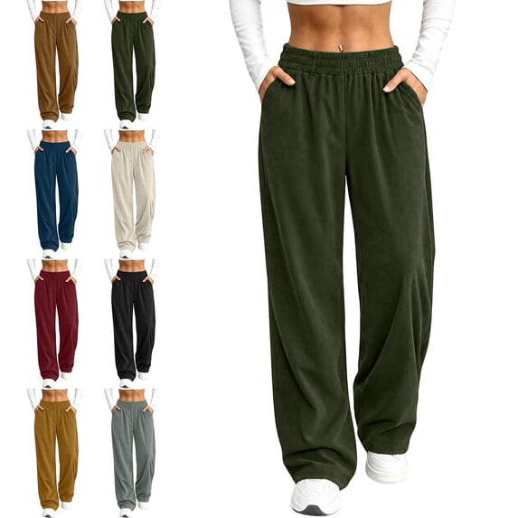 Lumosvexa Women's Corduroy Sweatpants, with Pockets Wide Leg Elastic Waist Winter Warm Daily Pants Green L