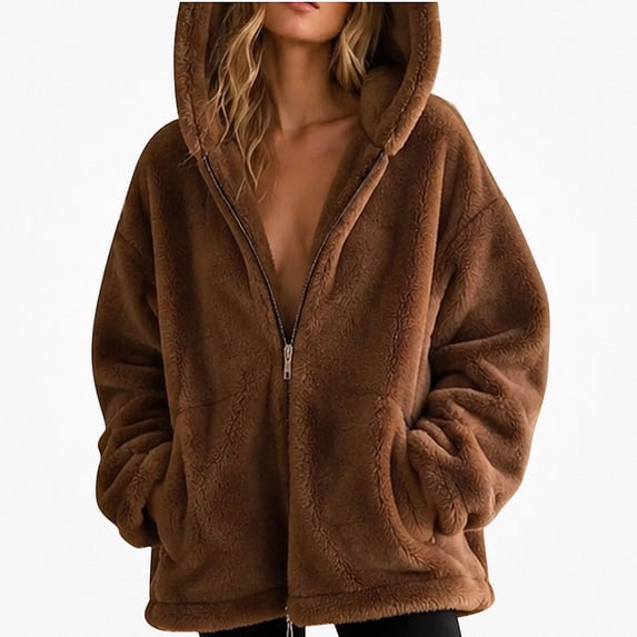 Lumosvexa Women's Hooded Fleece Coat, Long Sleeve Zipper Soft Comfort with Pockets Winter Warm Casual Coat Brown S