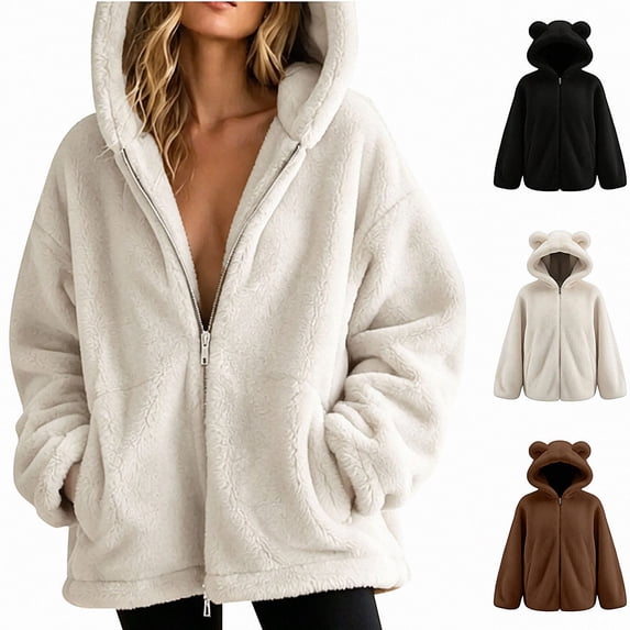 Lumosvexa Women's Hooded Fleece Coat, Long Sleeve Zipper Soft Comfort with Pockets Winter Warm Casual Coat White L
