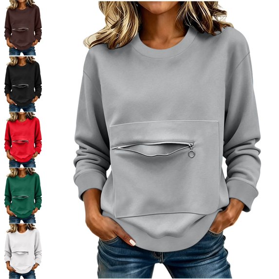 Lumosvexa Women's Long Sleeve Pullover Round Neck Loose Fit with Pockets Fall Casual Soft Sweatshirts Gray M