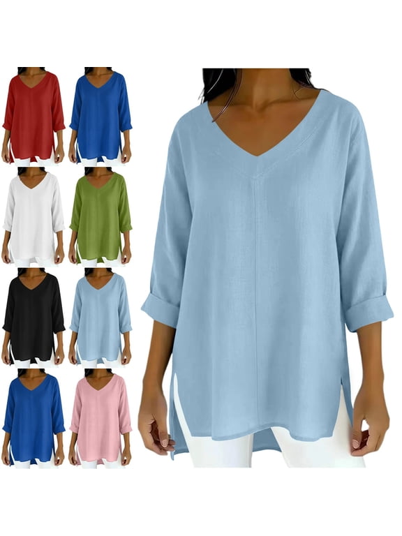 Women's Long Sleeve Tunic Soft Comfort V Neck Lightweight Fall Cotton Linen Blouse White XXL