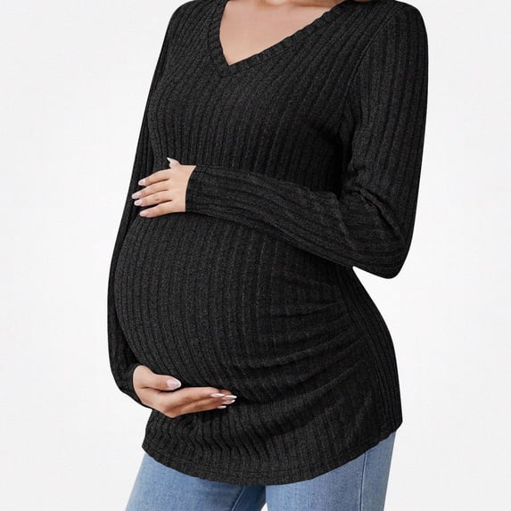 Lumosvexa Women's Maternity Long Sleeve Top Comfortable Stretchy Soft V Neck Fall Casual Maternity Tee Black L