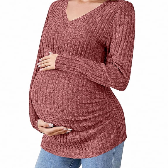 Lumosvexa Women's Maternity Long Sleeve Top Comfortable Stretchy Soft V Neck Fall Casual Maternity Tee Red XL