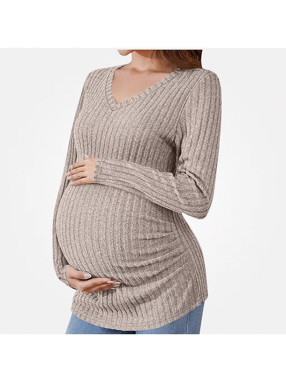 Women's Maternity Long Sleeve Top V Neck Comfortable Stretchy Soft Fall Casual Maternity Tee Brown XL