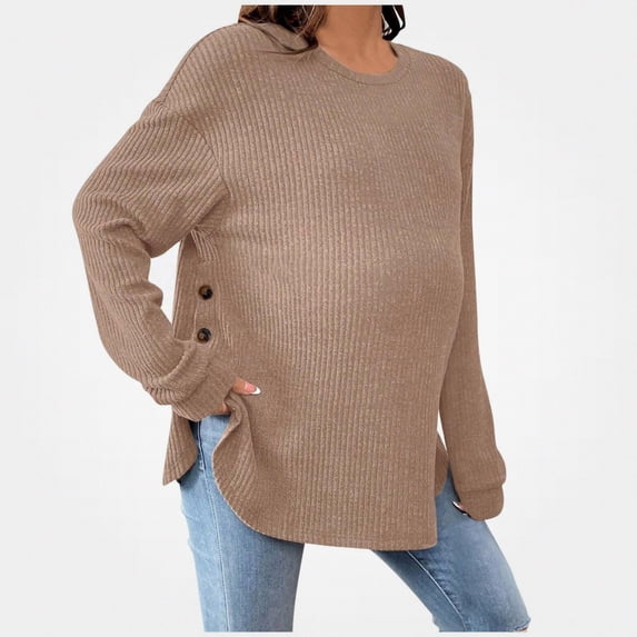 Lumosvexa Women's Maternity Top Long Sleeve Stretchy Soft Round Neck Fall Daily Casual Maternity Blouse Brown M