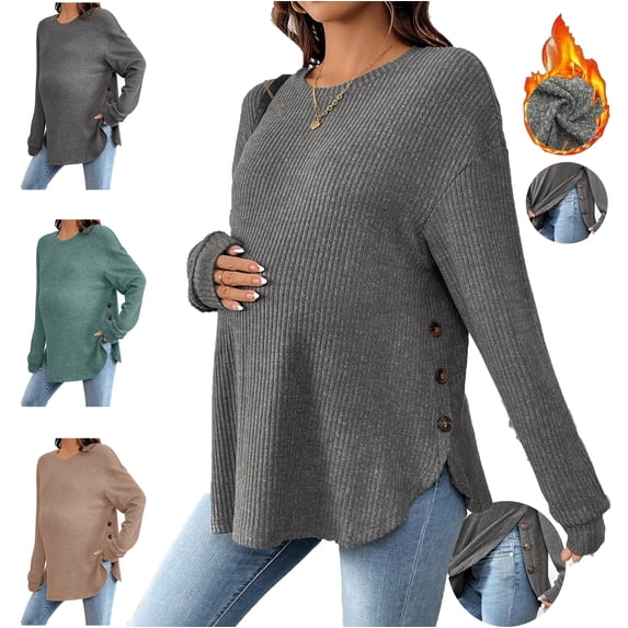 Lumosvexa Women's Maternity Top Round Neck Long Sleeve Stretchy Soft Fall Daily Casual Maternity Blouse Gray L
