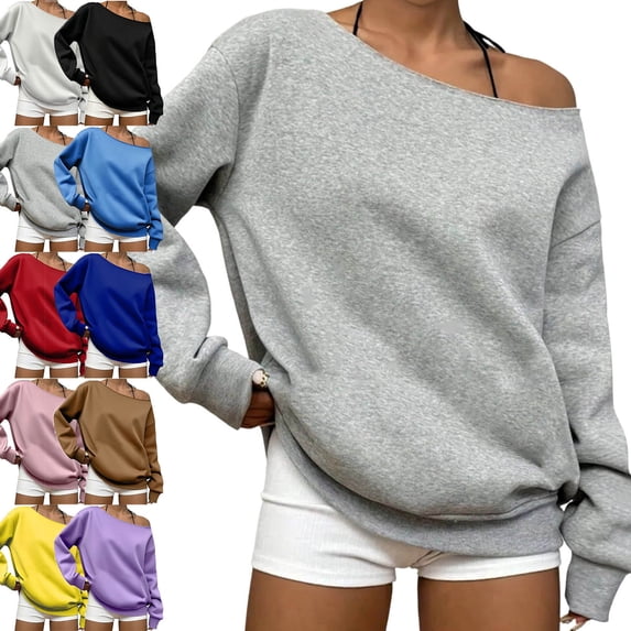 Lumosvexa Women's Off Shoulder Sweatshirts Long Sleeve Loose Fit Soft Comfort Fall Fashion Pullover Pink XL