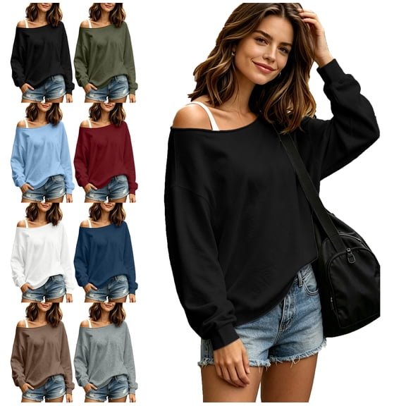 Lumosvexa Women's Off Shoulder Sweatshirts Loose Fit Long Sleeve Off Shoulder Winter Casual Pullover Black M