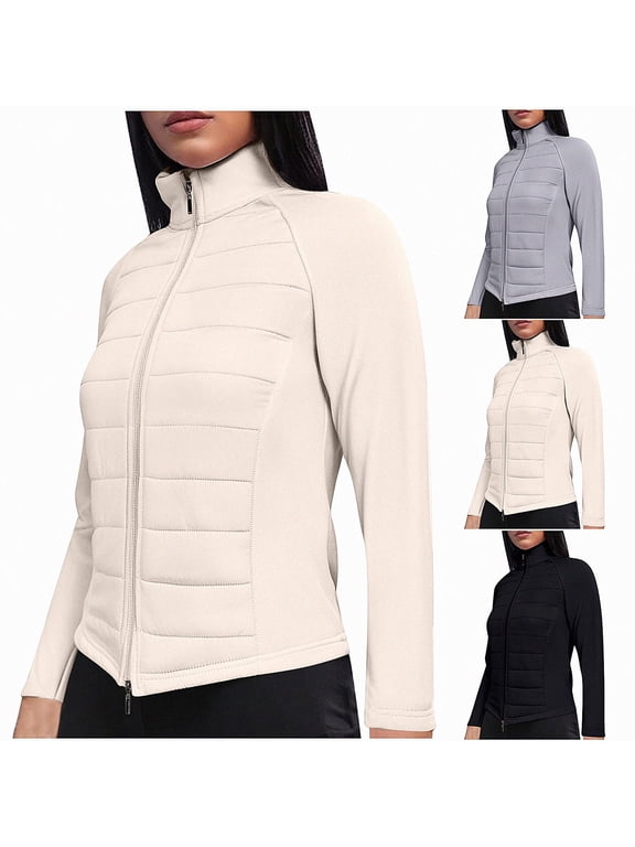 Women's Quilted Padded Jacket, Skinny Fit Long Sleeve Zipper Lightweight Winter Casual Warm Jacket Beige L