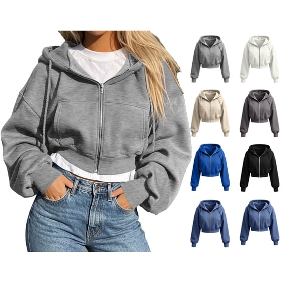 Lumosvexa Women's Zipper Hooded Jacket, Long Sleeve Lightweight Loose Fit Winter Casual Crop Jacket Gray L